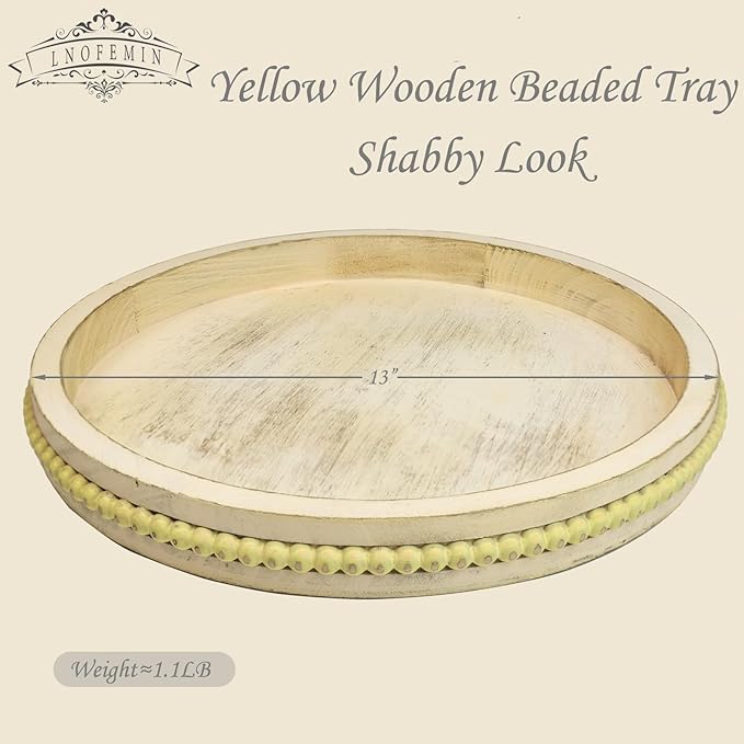 Round Wood Serving Tray with Beads, Yellow Washed Wooden Decorative Tray for Entertaining, Decoration, and Gifting-CasaMuseHome