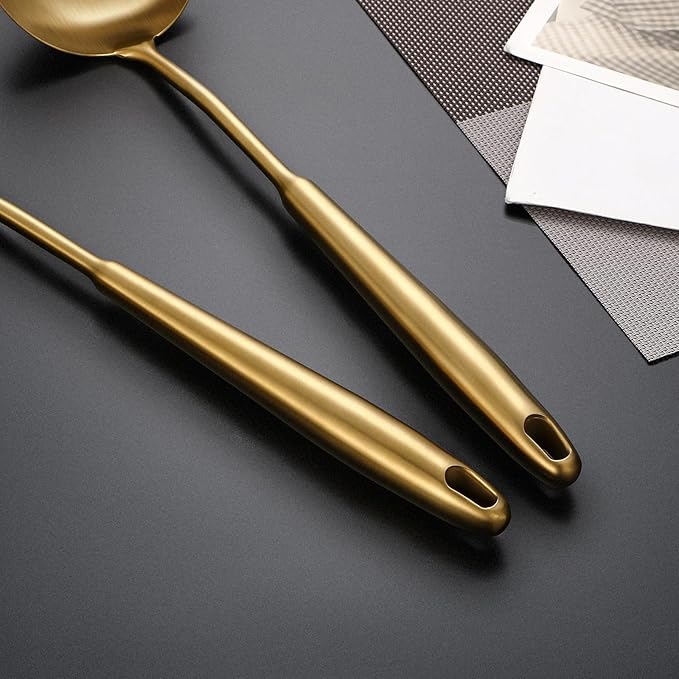 304 Stainless Steel Cooking Utensils,6 Pcs Kitchen Cooking Utensils Set with Spatula, Solid Spoon, Ladle, Skimmer, Spaghetti Spoon,Dishwasher Safe(Gold)-CasaMuseHome