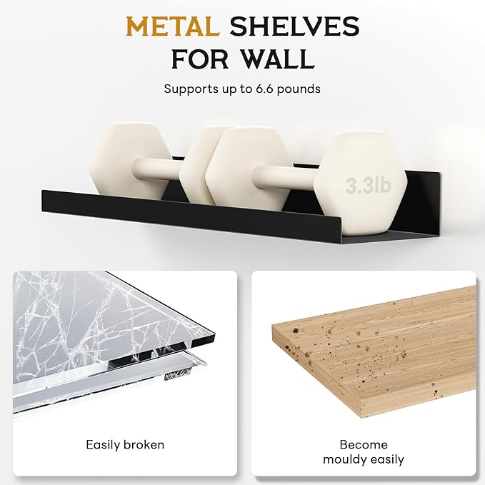 4 Pack Floating Shelves for Wall Storage, Metal Black Hanging Shelves for Living Room/Kitchen/Bedroom/Bathroom Decor, Set of 4 Organizer for Display, Perfume & Book Shelf Wall Mounted-CasaMuseHome