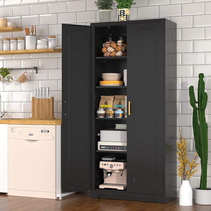 71" Tall Kitchen Pantry Cabinet, Pantry Storage Cabinet with Doors and Shelves, Metal Food Pantry Cabinets with Handles, Black Freestanding Cupboard for Living&Dining Room-Assemble Required-CasaMuseHome