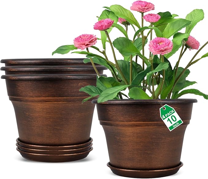 10 Inch Planters Plant Pots Indoor Outdoor, 4 Pack Plastic Flower Pot for Indoor Plants with Drainage Holes & Trays, Resin Decorative Container Sets with Saucer for House Garden Copper-CasaMuseHome