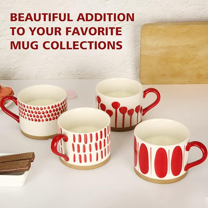 Koja Hand Painted 15 oz. Porcelain Ceramic Mugs Set. Service for 4. (Hand Painted - Red)-CasaMuseHome