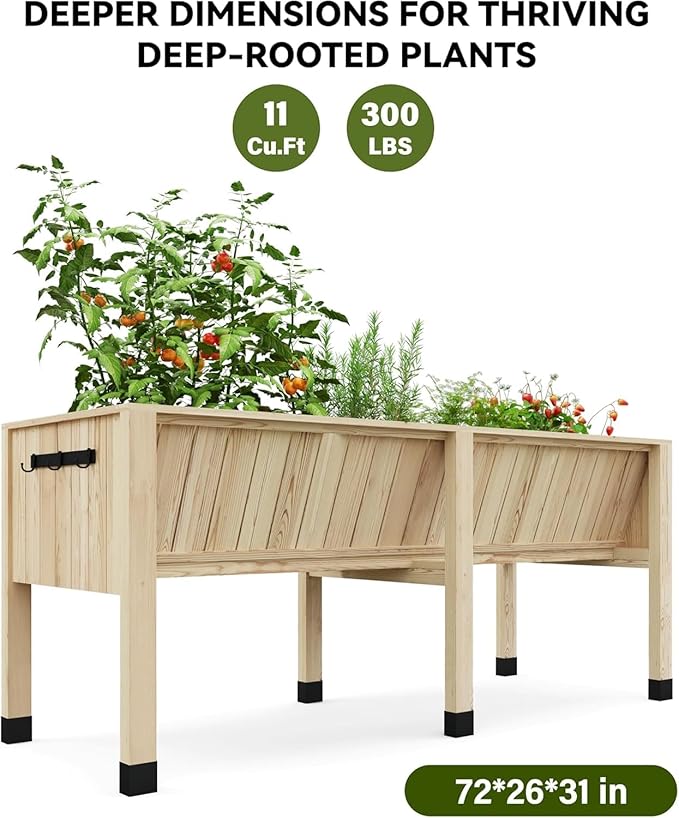 72x26x31 Inch Raised Garden Bed with Legs, 13.7In Depth Wooden Planter Box for Outdoor Growing Vegetables and Herbs, Elevated Garden Bed with Hooks for Backyard, Patio, Balcony-CasaMuseHome