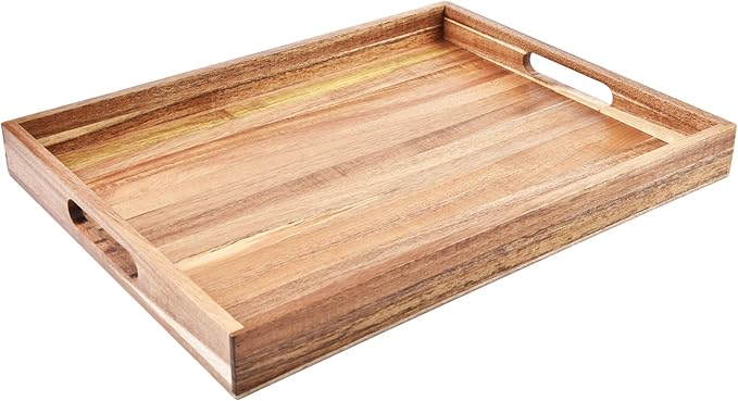 Acacia Wood Serving Tray with Handles (17 Inches) – Decorative Serving Trays Platter for Breakfast in Bed, Lunch, Dinner, Appetizers, Patio, Ottoman, Coffee Table, BBQ, Party –Great for Lap &Couch-CasaMuseHome