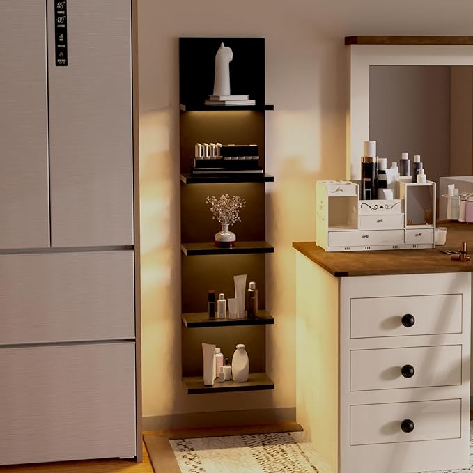 5 Tier Wall Shelf Unit, Black Modern Vertical Lack Wall Shelves with Light, Wall Mount, Floating Column Home Decor Shelves for Bedroom, Living Room, Vanity Storage Display-CasaMuseHome