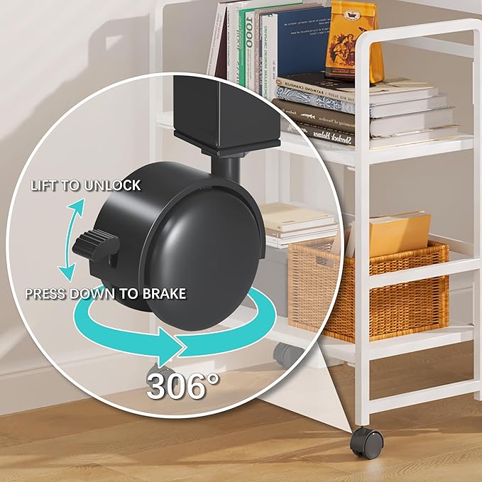 4NM 2 Tiers No-Assembly Folding Bookshelf with Wheels, Portable Rolling Storage Bookcase & Compact Side Table for Living Room, Bedroom, Kitchen, Bathroom (All White)-CasaMuseHome