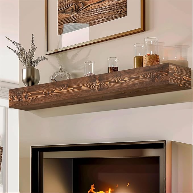 56x8x5 Fireplace Mantel - Handcrafted Hollow Rustic Solid Wood Wall Mounted Floating Shelf with Invisible Heavy Duty Wood Bracket (Weathered Brown)-CasaMuseHome