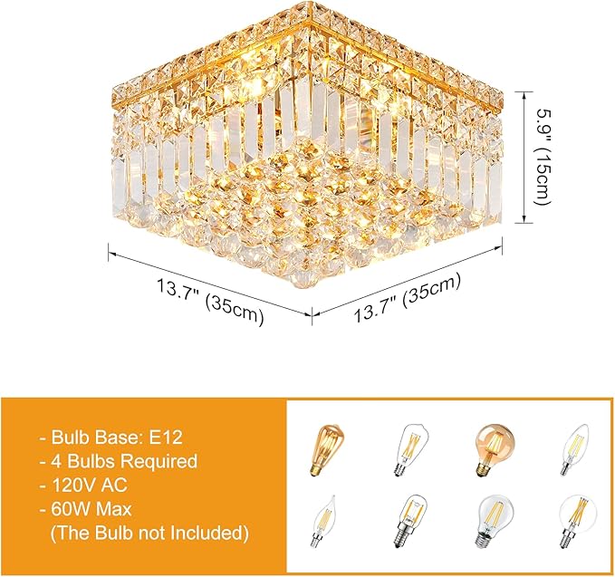 4-Light Gold Crystal Chandeliers Flush Mount Chandelier Light Fixture with K9 Crystals Modern Ceiling Lights Elegant Square Lamp for Bedroom,Hallway,Bar,Living Room,Dining Room,H5.9 xW13.7-CasaMuseHome
