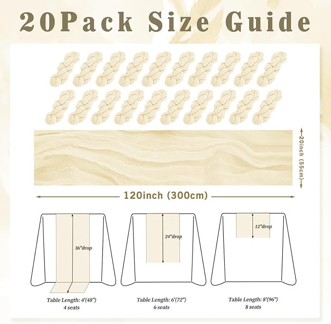 10FT 20 Pack Beige Cheesecloth Table Runner 20 x 120 Inch Long Rustic Gauze Fabric Cheese Cloth Table Runner for Wedding Bridal Baby Shower Table Decorations Boho Sheer Birthday Party Table Decor-CasaMuseHome