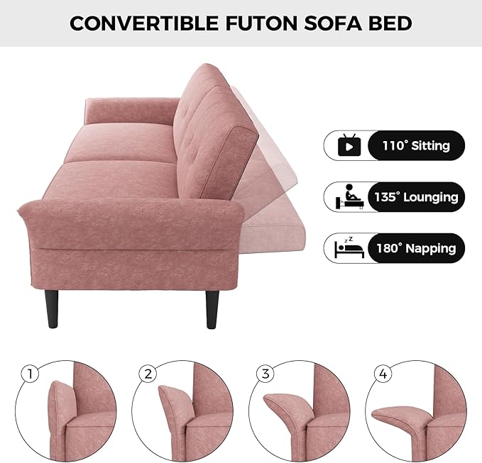 89” Futon Sofa Bed, Velvet Fabric Futon Couch Bed with 2 Square Pillows, Convertible Sleeper Sofa with Adjustable Backrest& Armrests, Modern Loveseat Sleeper for Living Room, Bedroom, Pink-CasaMuseHome
