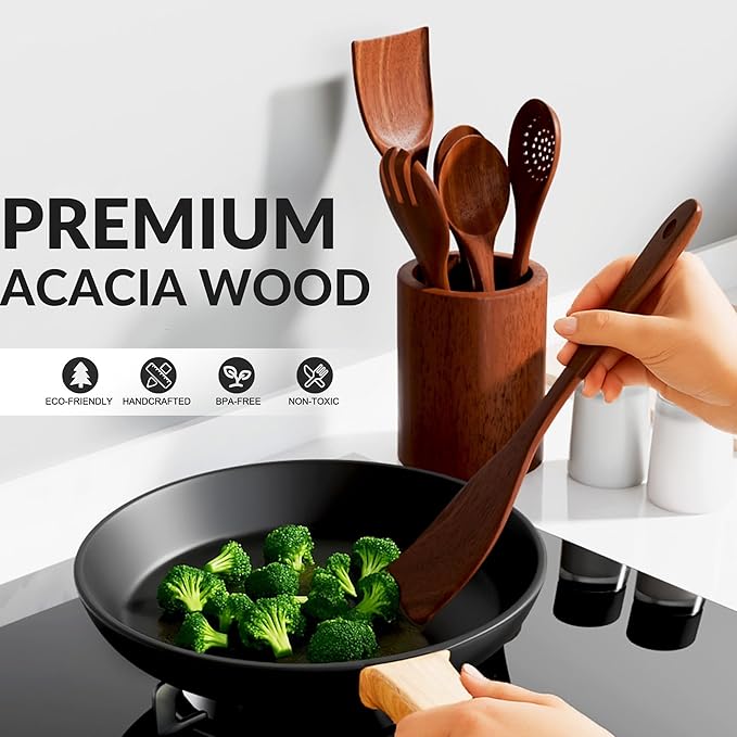 6-Piece Acacia Wood Cooking Utensil Set – Wooden Kitchen Pan Toolset for Nonstick Cookware – Includes Spoons & Spatulas – Non-Scratch, Eco-Friendly Cooking Tools – Everyday Use - Lifetime Replacements-CasaMuseHome