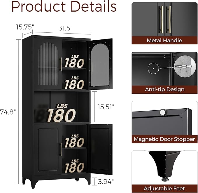 75" Tall Kitchen Pantry Cabinet, Metal Storage Cabinets with Acrylic Doors and Adjustable Shelves, Hutch Cabinet with Storage, Black Microwave Stand Cabinets for Dining Living Room-CasaMuseHome