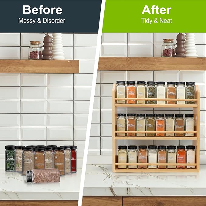 3 Tier Bamboo Spice Rack, Spice Rack Organizer, Seasoning Jars Rack Shelf Spice Organizer for Kitchen Counter or Wall Mounting, Bamboo Spice Storage Holder with handles Easy to Move-CasaMuseHome