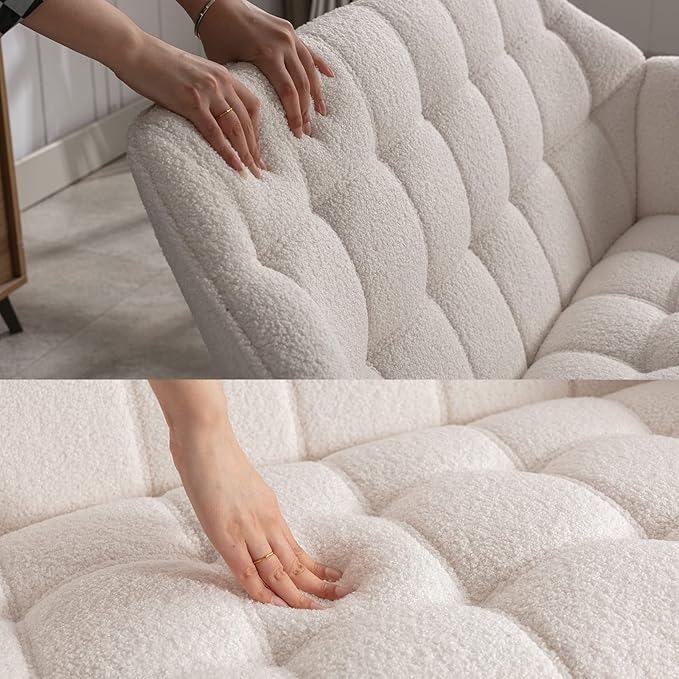 48" Small Loveseat Sofa, Modern Sherpa Mini Sofa Couch 2-Seater Fluffy Love Seat with Quilting Backs and Wood Legs for Living Room, Bedroom and Small Space, White-CasaMuseHome