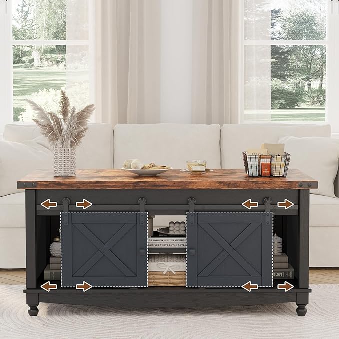 48" Farmhouse Lift Top Coffee Table with Storage Sliding Barn Door & Large Hidden Compartment, Coffee Table with Lifting Top with Wooden Lift Tabletop, Coffee Tables for Living Room, Black-CasaMuseHome