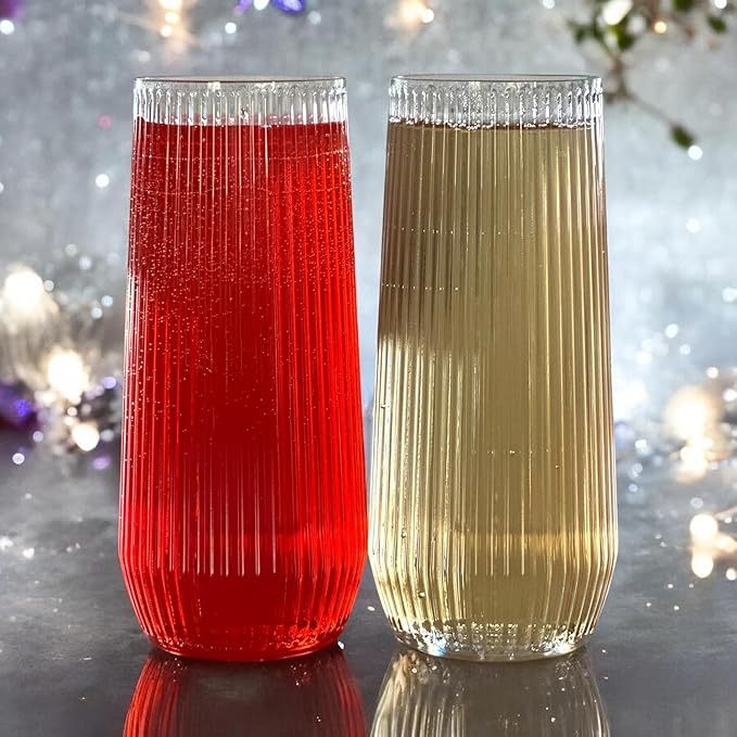 24 Pack Ribbed Origami Ripple Plastic Glasses, 12-9 Ounce Stemless Champagne Flutes & 12-12 Ounce Cups, BPA-Free Disposable Shatterproof Toasting Glasses for Weddings, Bars, and Events (Clear)-CasaMuseHome