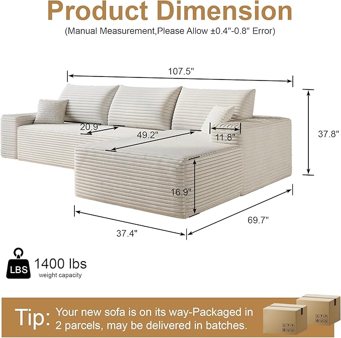 108" Sectional Couches for Living Room Modern Modular Sofa with L-Shape Couchs Upholstered Boneless Couch Deep Seat Sectional Couch with Chaise (White, Right Facing Chaise+2Seaters)-CasaMuseHome