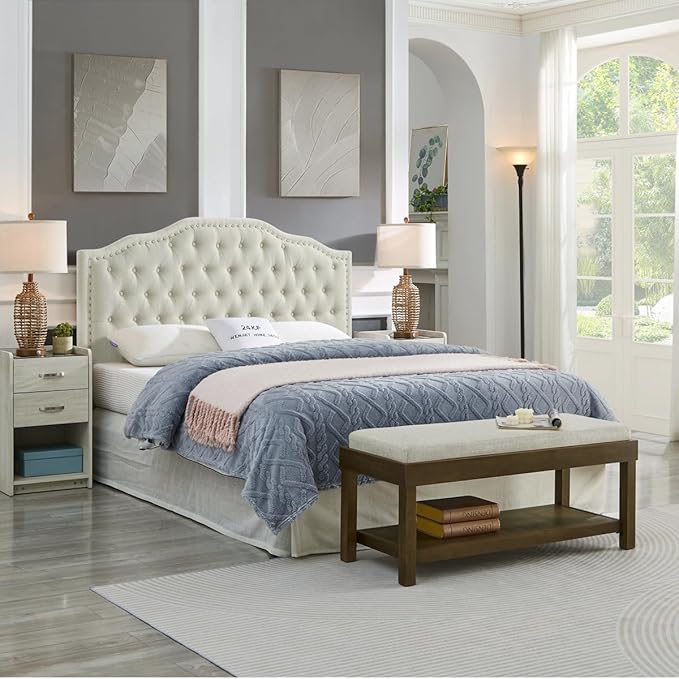 24KF Upholstered Button Tufted Queen Headboard with Nailhead Trim, Elegant Boucle Fabric Full headboard, 6031-Q-Boucle-Beige-CasaMuseHome