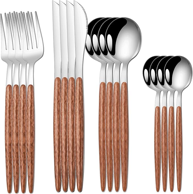 16 PCS Silverware Set for 4,Stainless Steel Flatware Cutlery Eating Utensils Set with Wood Grain Handle,Steak Knives Forks and Spoons for Home,Party,Mirror Polished and Dishwasher Safe-CasaMuseHome