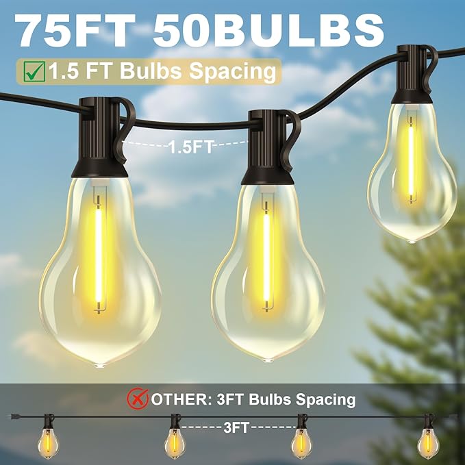 75FT Outdoor String Lights Waterproof with 50+4 Bulbs (1.5FT Bulbs Spacing), Remote & Dimmer, Commercial Patio String Lights with 3 Mode Light & Timing, 100PC Mounting Ties for Outside-CasaMuseHome