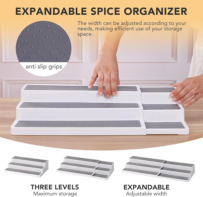 3 Tier Expandable Spice Rack Organizer, White/Grey Plastic Spice Rack, Adjustable Length 14.6In-25.8In, 2 Pack Non-Skid Tiered Spice Shelf Organizer for Kitchen Cabinet, Cupboard, Pantry-CasaMuseHome