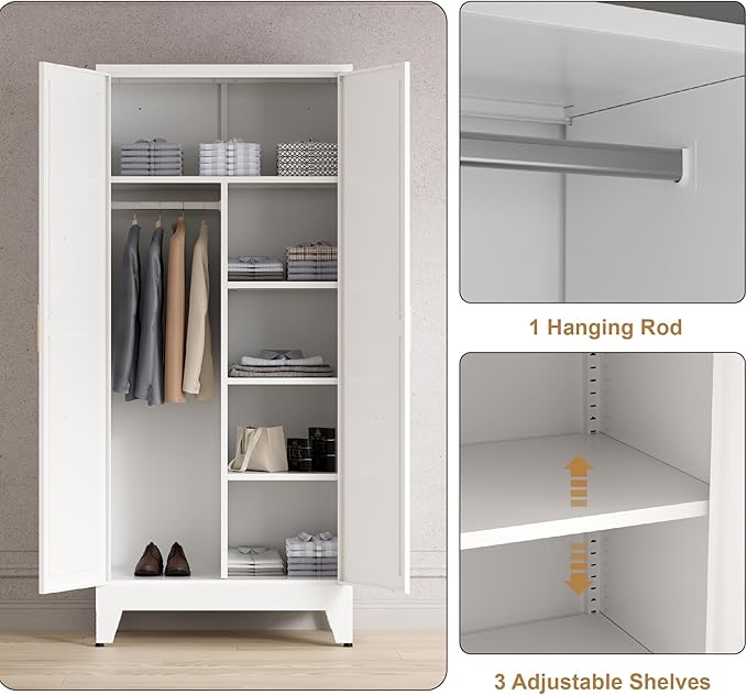 71'' Farmhouse Metal Wardrobe Cabinet with Hanging Rod, 2 Barn Door Wardrobe Closet with 5 Adjustable Shelves,Drawer,for Dining Room,Bedroom,Living Room, Cloak Room,Office (White)-CasaMuseHome