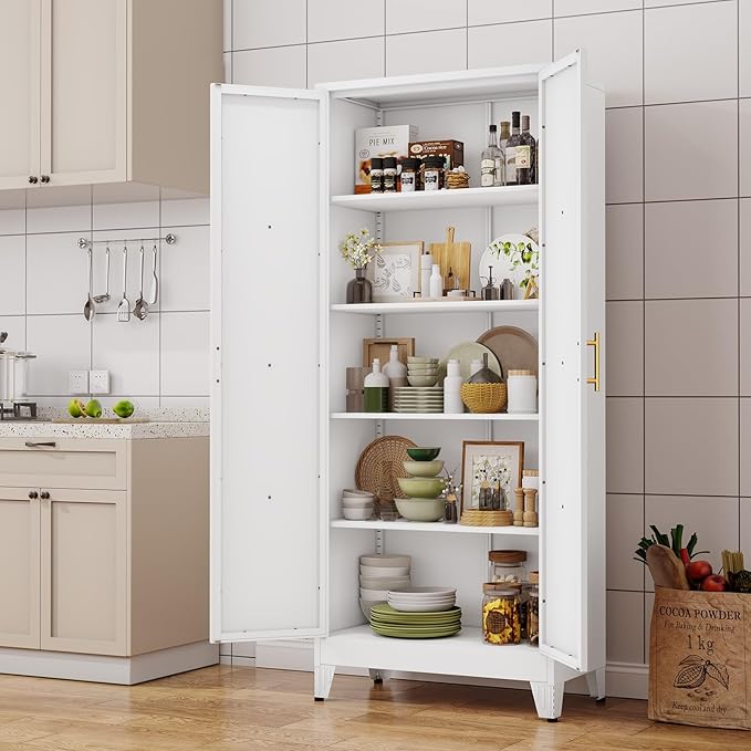 71" H Metal Kitchen Pantry Storage Cabinet, Freestanding Cupboard with 2 Doors and 4 Adjustable Shelves, Standing Storage for Kitchen, Bathroom, Garage, Dinning Room or Utility Room（White）-CasaMuseHome