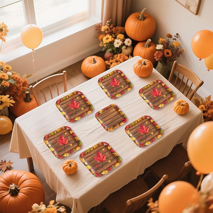 200Pcs Fall Party Decorations Watercolor Autumn Maple Leaves Paper Plates and Napkins Thanksgiving Wooden Grain Tableware Sets for Holiday Harvest Birthday Wedding Dinner Party Supplies Serves 50-CasaMuseHome