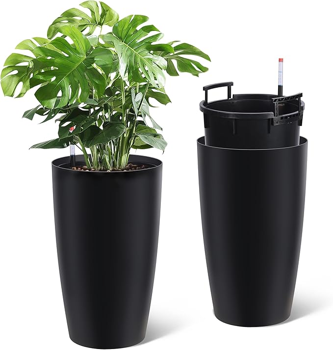 22" Tall Round Planter Set of 2, Self Watering Pots for Indoor Plants, Large Flower Pot Outdoor with Built-in Drainage and a Water Level Monitor, for Patio, Porch, Living Room, or Home Office, Black-CasaMuseHome