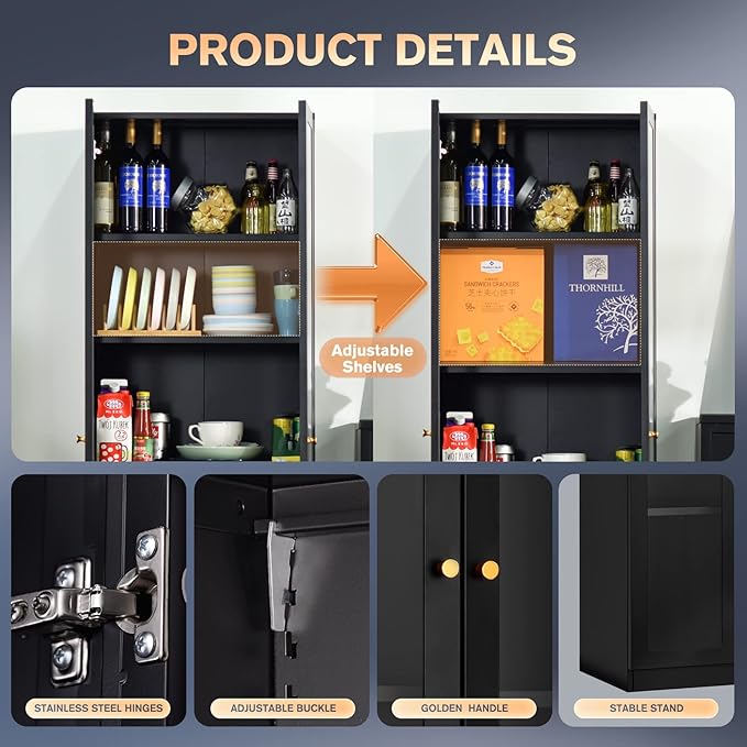 5 Tier Metal Curio Cabinets, 71" Tall Modern Bookshelf Cabinet with 4 Adjustable Shelves, Cabinet Display Case for Home Office, Living Room, Pantry, Assemble Required, Black-CasaMuseHome