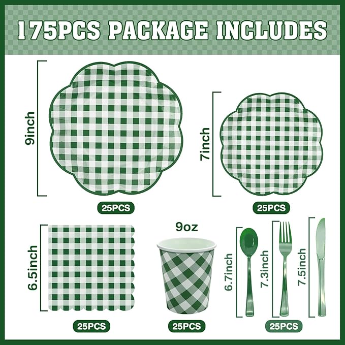 175 Pcs Green Gingham Plates and Napkins Party Supplies - Green and White Checkered Plates Sets Serve 25 Guests - Scalloped Gingham Paper Plate for Birthday Picnic BBQ Golf Party Decorations-CasaMuseHome