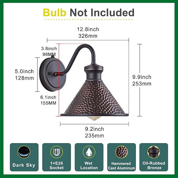 2 Pack Dusk to Dawn Outdoor Wall Light Fixtures Photocell Sensor, Exterior Sconce Light with Cast Hammered Aluminum Shade, Outside Wall Mount Lamp for House Patio Garage Entryway Doorway-CasaMuseHome