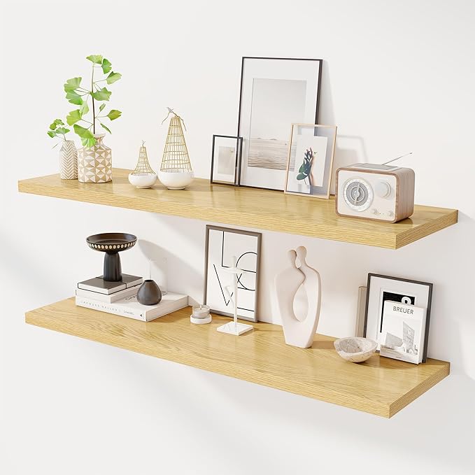 48" Floating Shelves for Wall, 12" Deep Slim Oak Floating Shelves, Wall-Mounted Shelves for Bedroom, Living Room, Kitchen, Bathroom - Set of 2-CasaMuseHome
