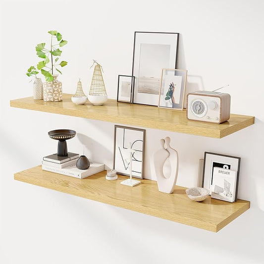 48" Floating Shelves for Wall, 12" Deep Slim Oak Floating Shelves, Wall-Mounted Shelves for Bedroom, Living Room, Kitchen, Bathroom - Set of 2-CasaMuseHome