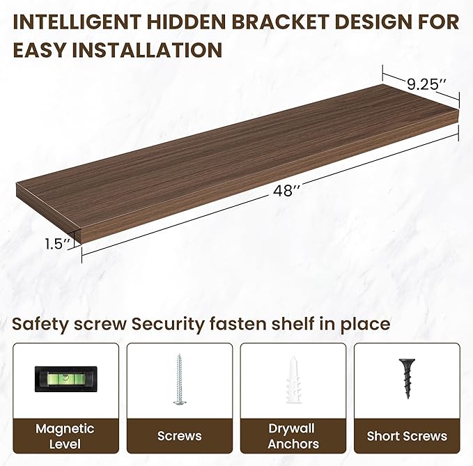 48 Inch Floating Shelves, 12 Inch Deep Floating Shelves for Wall, Floating Shelf with Invisible Brackets, Deep Shelves for Bathroom, Bedroom, Living Room, 1 Pack, Walnut-CasaMuseHome