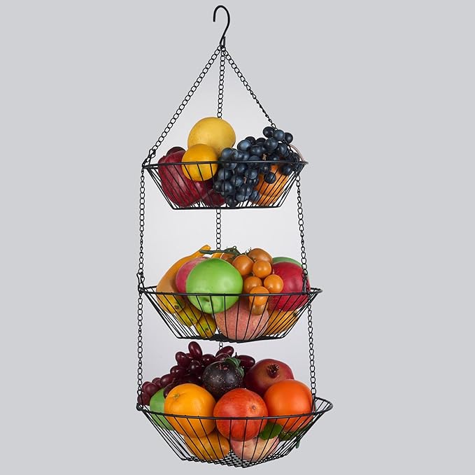 3-Tier Wire Fruit Hanging Basket 2 Packs,non-Punching Wall Hanging Storage,Kitchen Bathroom Organization Basket,Suitable for Bathroom,Kitchen,Closet,Garden,Black-CasaMuseHome