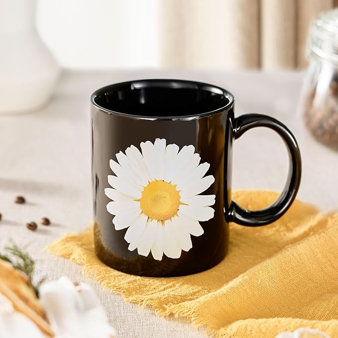 12Oz Daisy Black Ceramic Mug, Mug for Daily Coffee and Tea, Lead-free, Microwave and Dishwasher Safe Coffee Mug, Perfect gifts for women and men-CasaMuseHome