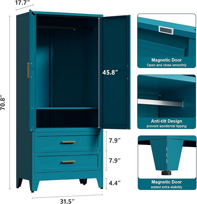 71'' Farmhouse Metal Wardrobe Cabinet with Hanging Rod, 2 Barn Door Wardrobe Closet with Adjustable Shelves,2 Drawer,for Dining Room,Bedroom,Living Room, Cloak Room,Office (Peacock Blue)-CasaMuseHome