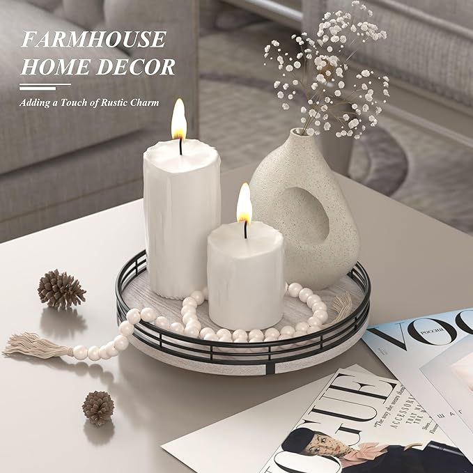 9" Wooden Lazy Susan Organizer for Cabinet, Turntable Round Decorative Tray for Kitchen Sink, Countertop Organizer, Bathroom Counter Organizer for Skincare Makeup, Rustic White-CasaMuseHome