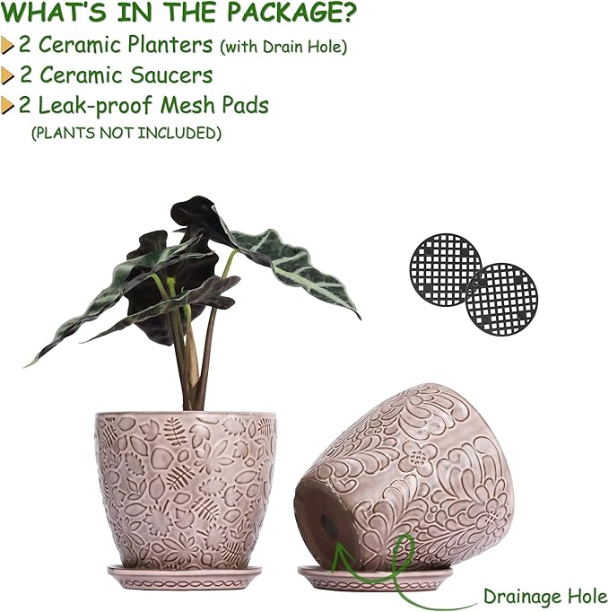6 Inch Retro Ceramic Planter Set of 2 with Drainage Hole and Saucer for Plants, Indoor-Outdoor Garden Pots for Succulent, Orchid, and Flower (Fits Inner Pots Up to 5 Inches, Retro Peach)-CasaMuseHome