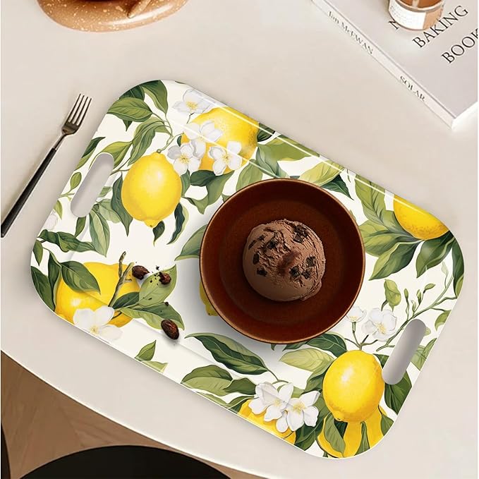 Serving Trays with Handles, 14.5 x 9.8 inch Rectangular Plastic Tray for Restaurant, Kitchen, Lemon and Lemon-CasaMuseHome