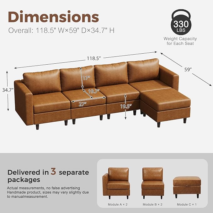 118.5" Faux Leather Modular Sectional Sofa, L Shaped Couch Set for Living Room, 5-Seater Comfy Cloud Couches with Movable Storage Ottoman,DIY Combination - Brown-CasaMuseHome