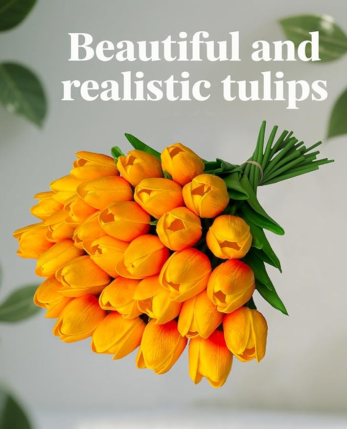 15 Heads Artificial Flowers PU Real Touch Tulip Bouquets Orange Tulips Faux Tulips Latex Fake Flower Bouquet for Spring Wedding Home Décor Centerpiece Arrangements-CasaMuseHome