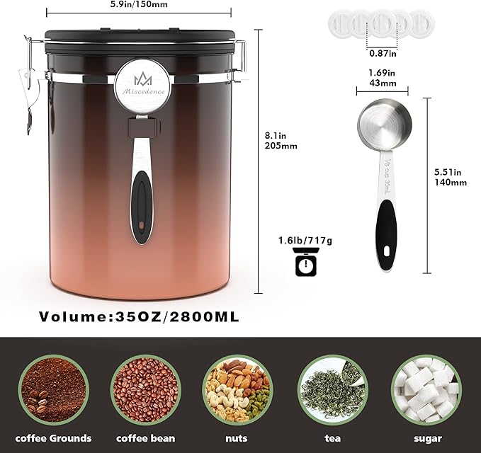 35OZ Coffee Canister for ground coffee with Date Tracker,copper color 304 Stainless Steel Kitchen Food Airtight storage container for Coffee Beans or Grounds, Tea, Sugar(35oz-Gradient)-CasaMuseHome