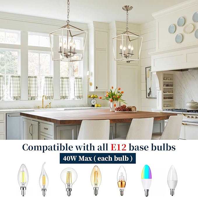 4-Light Brushed Nickel Farmhouse Chandelier, 12" Industrial Ceiling Light Lantern Pendant Light with Metal Cage Adjustable Height Rustic Hanging Light E12 Base for Kitchen Island Dining Room Entryway-CasaMuseHome