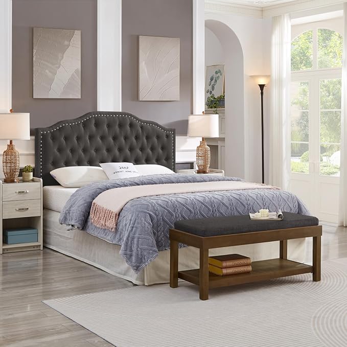 24KF Upholstered Button Tufted Queen Headboard with Nailhead Trim, Elegant Boucle Fabric Full headboard, 6031-Q-Boucle-Dark Gray-CasaMuseHome