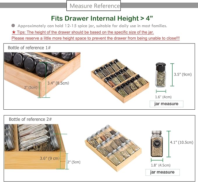 3-Tier Bamboo Drawer Spice Rack Wooden Kitchen Cabinet Spice Organizer Spice Jar Holder, Medicine/Health Care/Vitamin Bottles Storage Rack (Pre-Measure Drawer Dimensions), 1 Pack Drawer Rack-CasaMuseHome