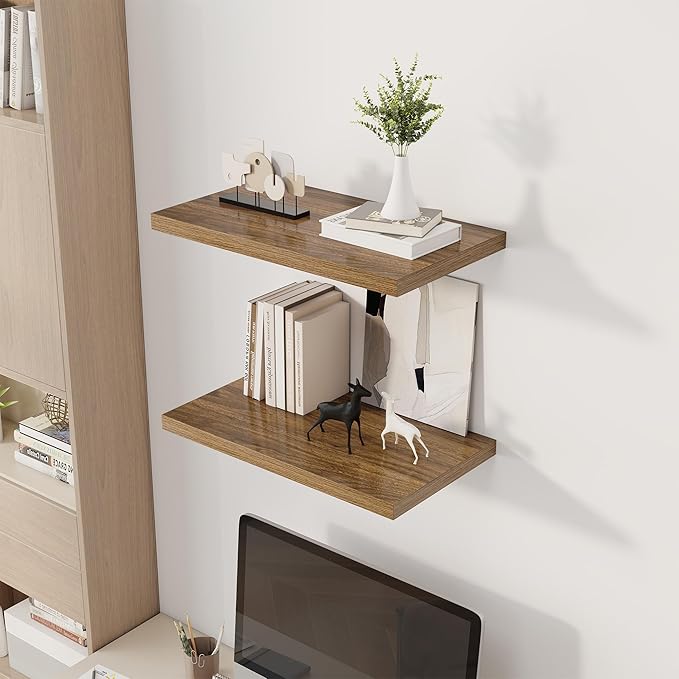 24" Floating Shelves for Wall, 12" Deep Slim Walnut Floating Shelves, Wall-Mounted Shelves for Bedroom, Living Room, Kitchen, Bathroom - Set of 2-CasaMuseHome
