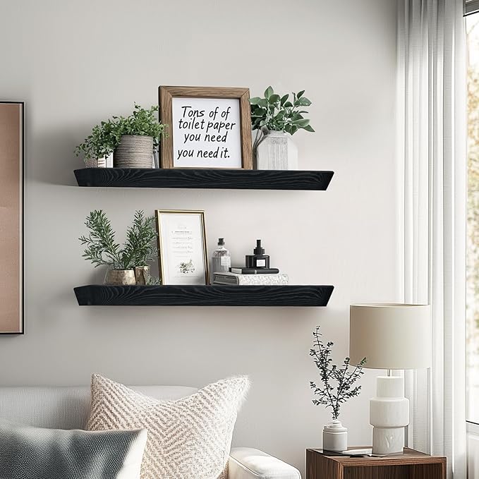 24"x6.8"x1.6" Slanted Floating Wall Shelves 2-Pack - Rustic Black Finish, Heavy-Duty Solid Wood Design with Hidden Brackets - Perfect for Living Room, Kitchen, Bathroom, or Office-CasaMuseHome