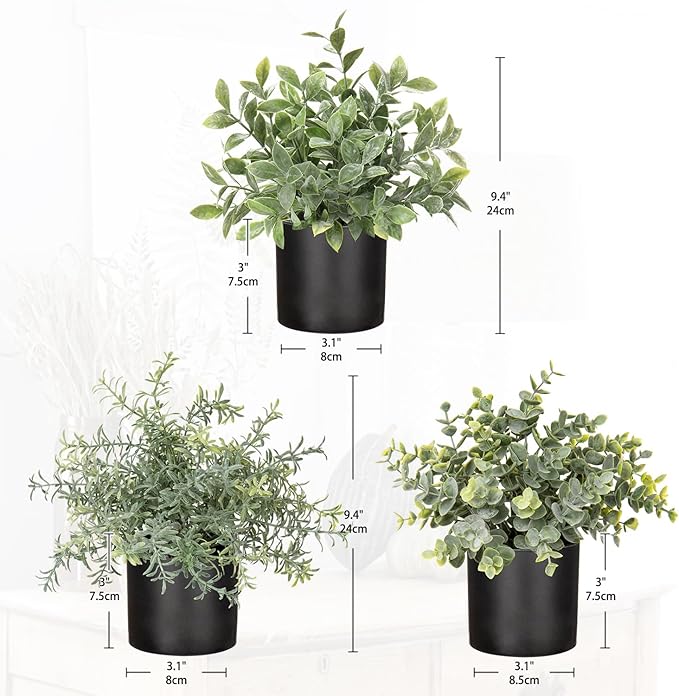 3 Pack Small Fake Plants for Shelf Decor Accents with Plastic Black Pot Artificial Potted Plants for Rustic Farmhouse Decor Faux Plants Indoor Fake Potted Plants Artificial for Home Office Decor-CasaMuseHome